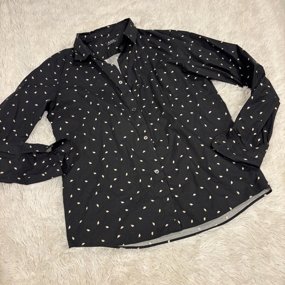 A.P.C. Rue Madame Paris Mens Black Poplin Printed Long Sleeve Button Shirt Large - Picture 1 of 8